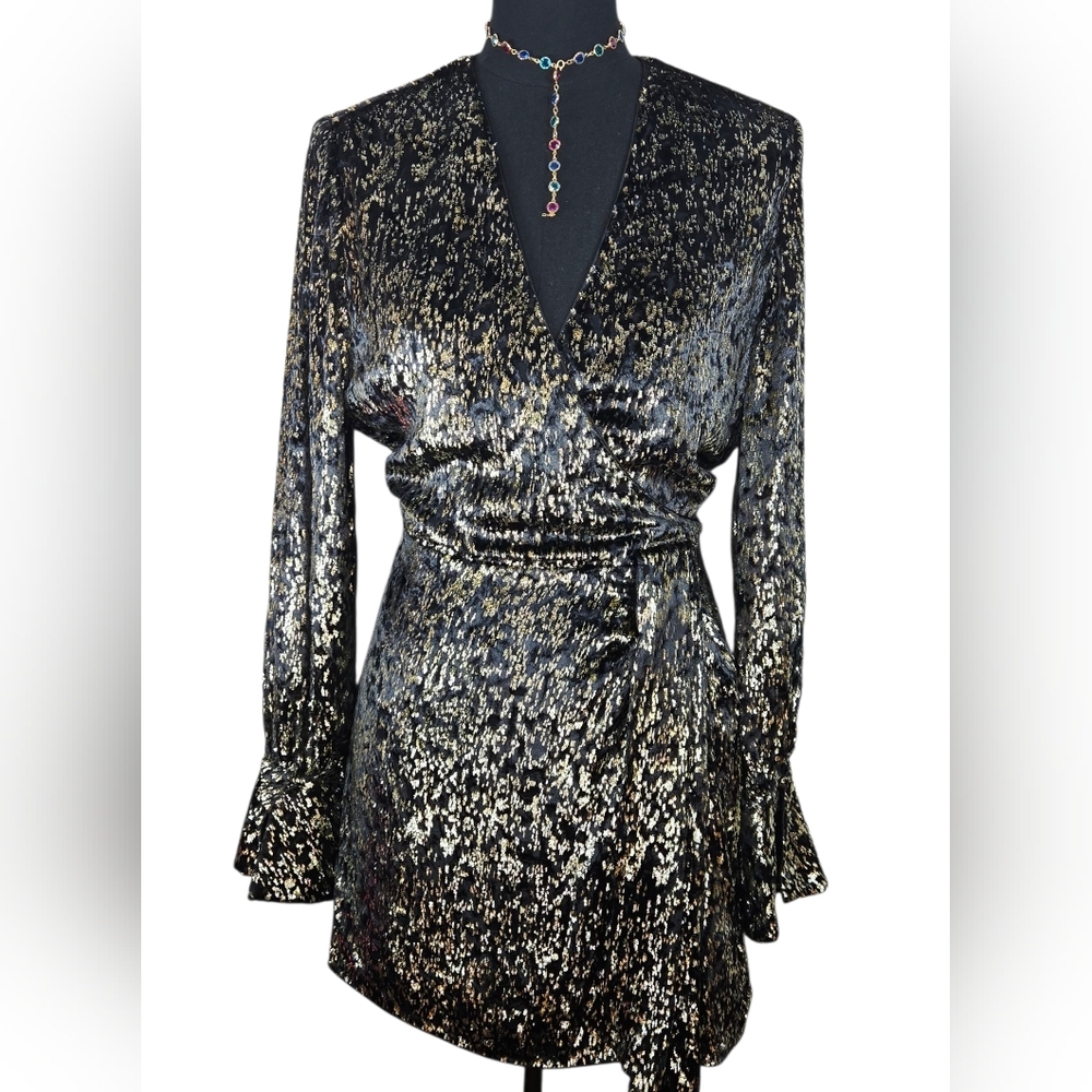 NWT $595 Simkhai Camryn Metallic Faux Wrap Mini Dress Black Gold Sz 10 Party - Picture 6 of 15